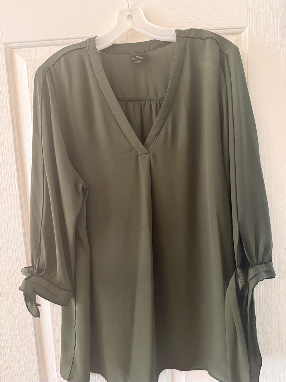 V-Neck Olive Tunic Blouse - Lightweight Long Sleeve Top
